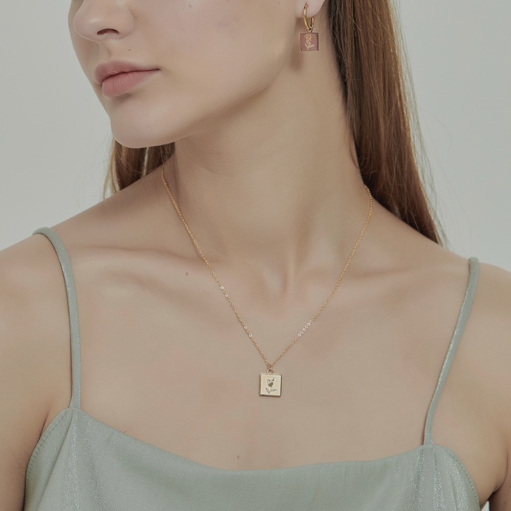 18K Gold Plated Rose Squared Charm Necklace